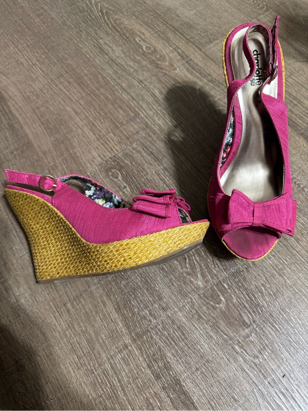 Charlotte Russe Hot Pink Bow Wedge Sandals with Straw Platform